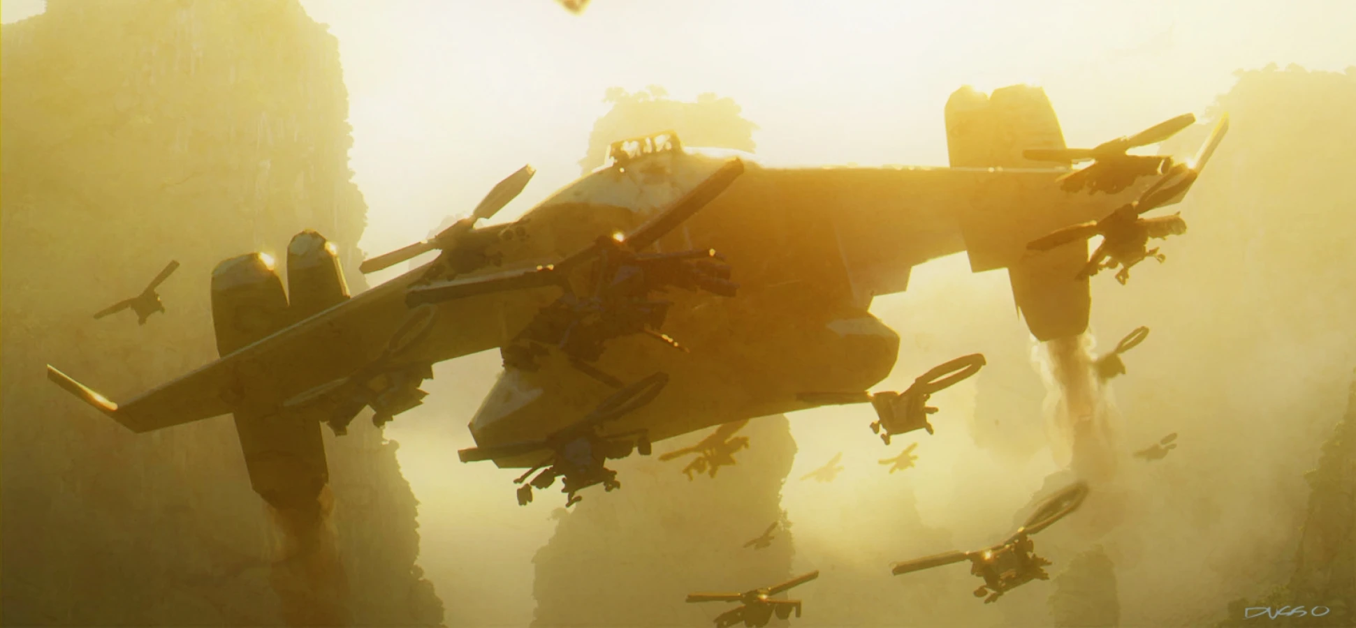 Multiple spaceships concept art by Dusso