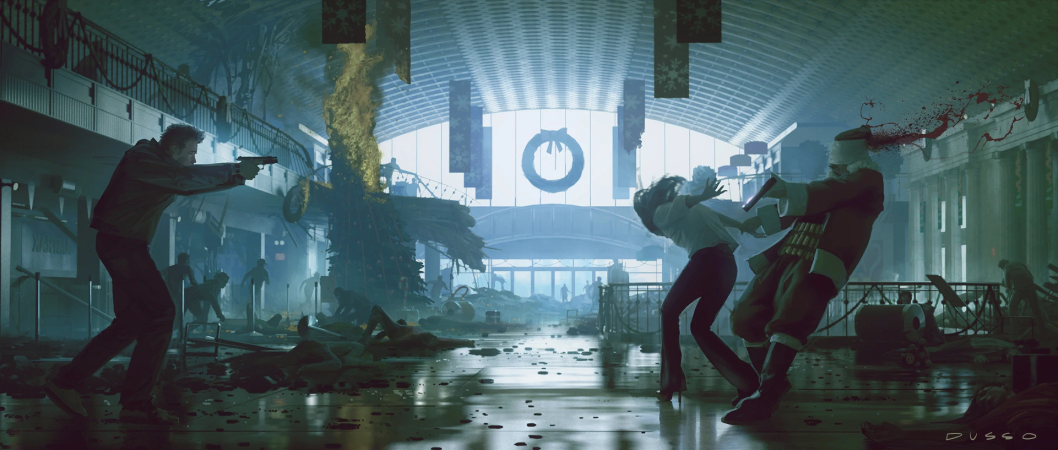 Men and woman with gun in building concept art by Dusso