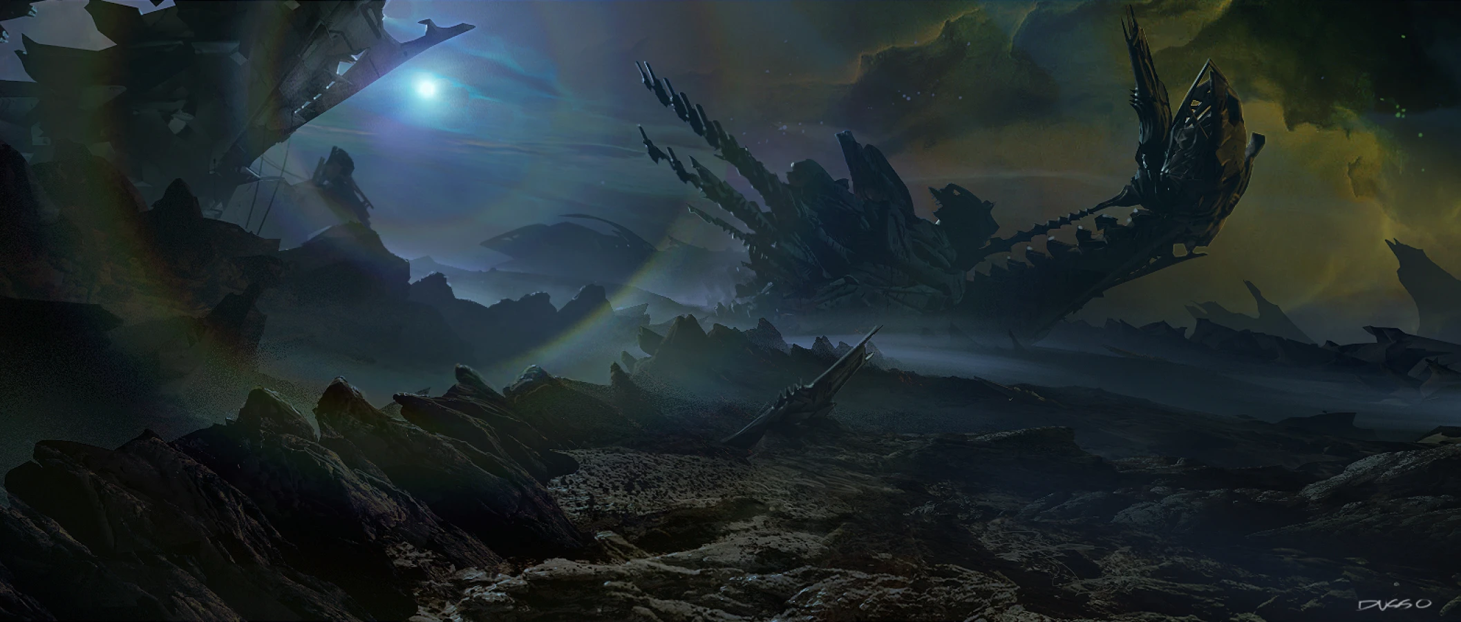 Star Wars crash spaceship in desert concept art by Dusso