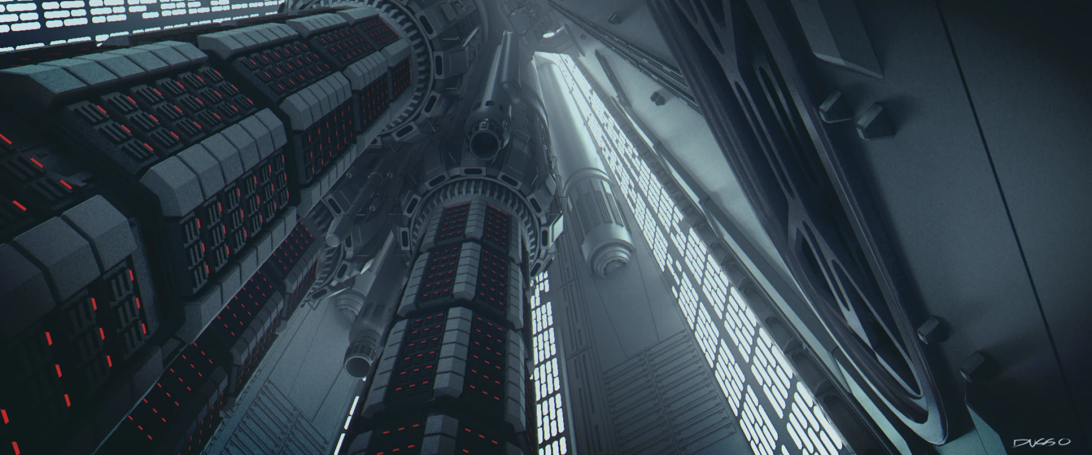 Futurist elevator concept art by Dusso