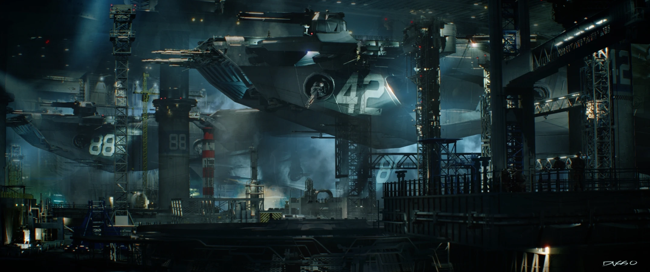 Spaceship hangar concept art by Dusso