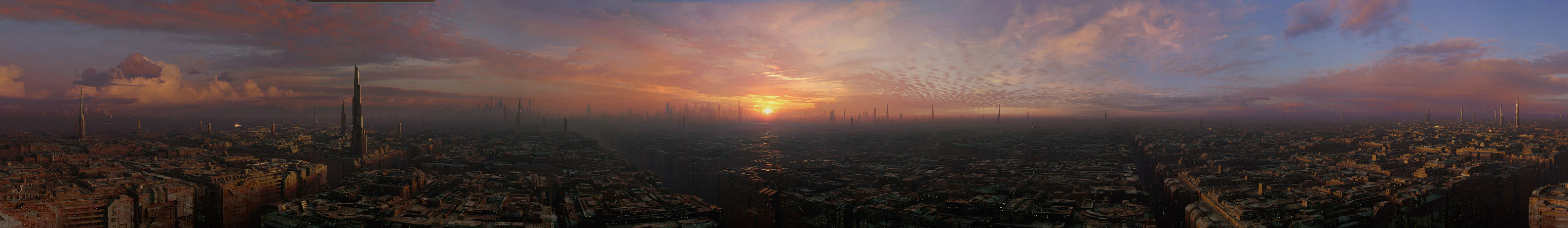 Panorama city during sunset digital matte painting by Dusso