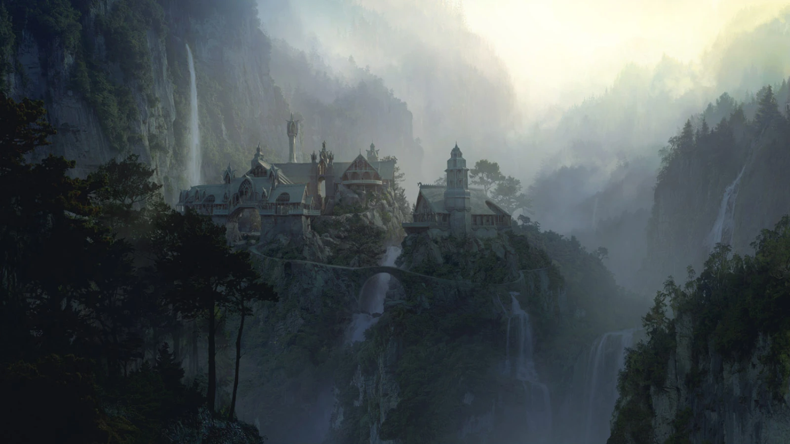 Forest city waterfall digital matte painting by Dusso