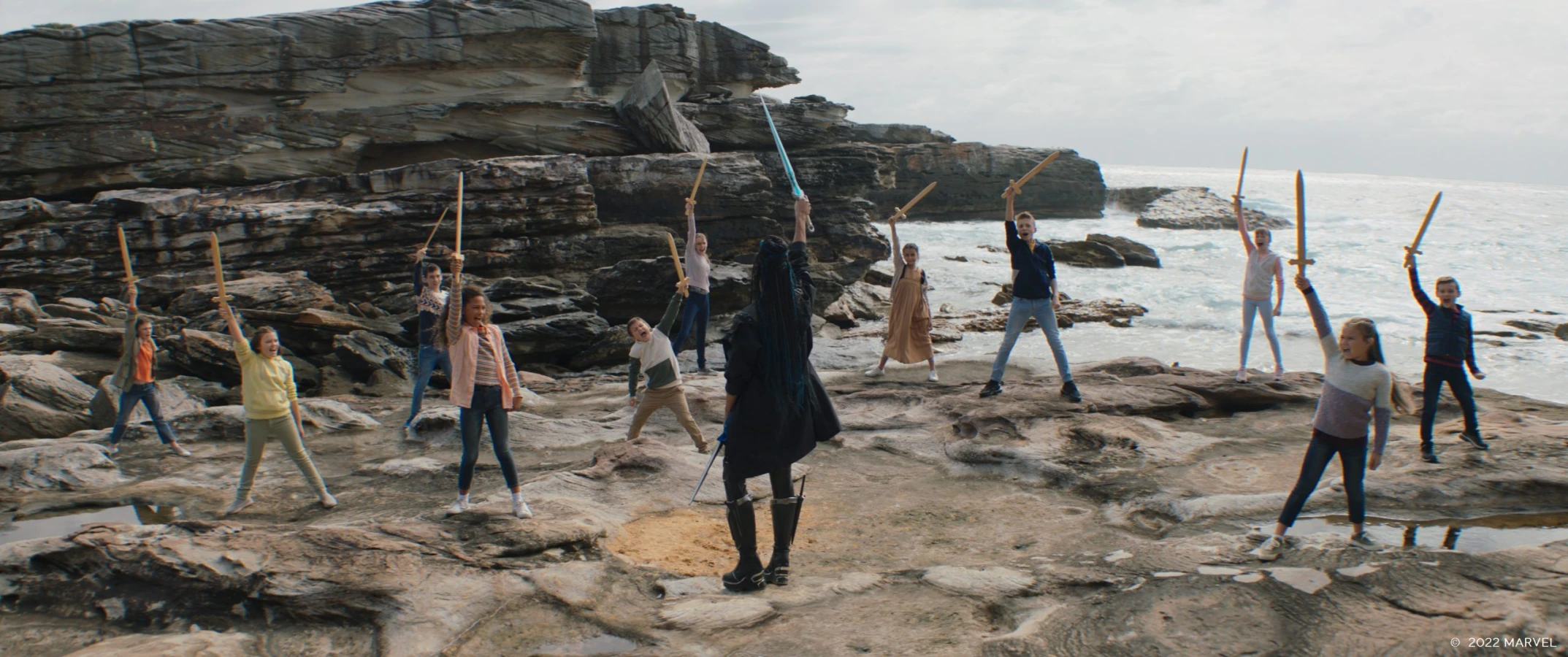 Thor: Love And Thunder kids with wood swords above sea shot Raynault vfx
