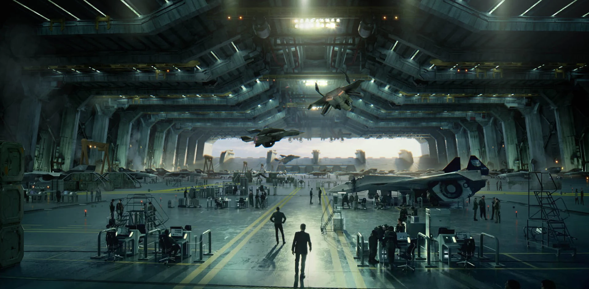 Hangar view with spaceships flying, concept art from Raynault vfx