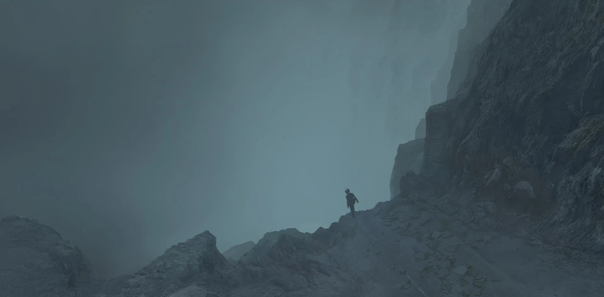A person above a mountain precipice, a concept art from Raynault vfx