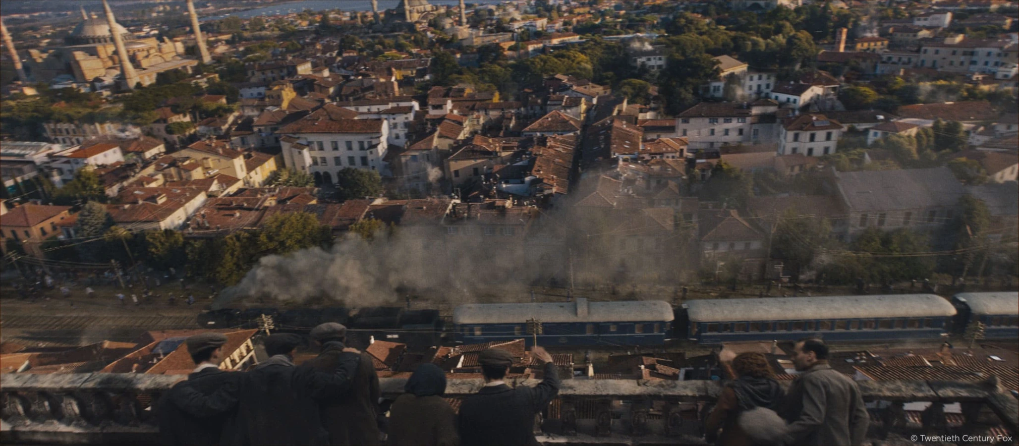 Murder on The Orient Express view shot of train passing in city Raynault vfx