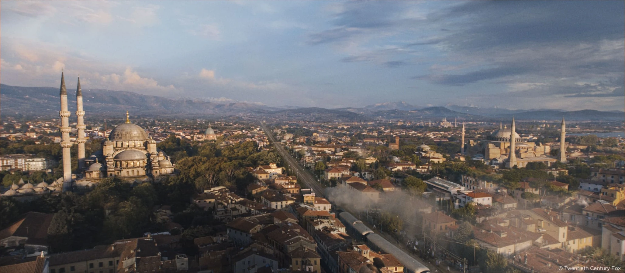Murder on The Orient Express Aerial view of the train passing through Istanbul with a shot of a mosque Raynault vfx