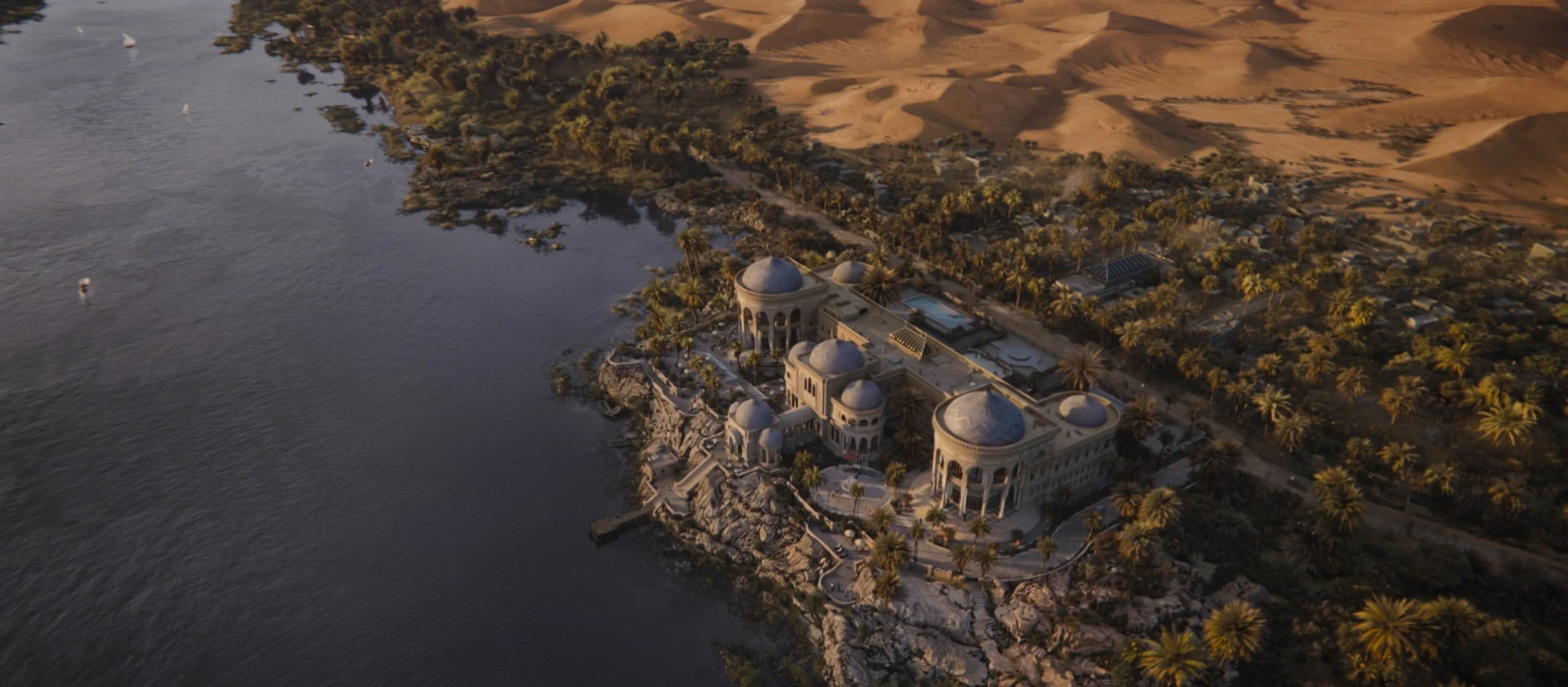 Death on the Nile palace aerial view shot Raynault vfx
